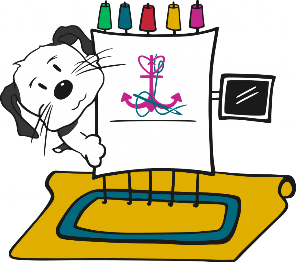 Illustration eines schwarz-weißen Hundes, der neugierig hinter einer Stickmaschine hervorschaut. Die Maschine zeigt ein buntes Stickmuster in Form eines Ankers mit einem Herz oben und Pfeilen an den Seiten. Oben auf der Maschine sind fünf verschiedenfarbige Garnrollen in Grün, Blau, Rot, Gelb und Pink. Auf der rechten Seite der Maschine ist ein kleiner Bildschirm zu sehen.