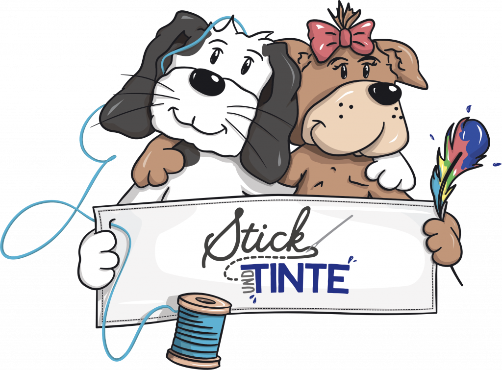 Illustration von zwei Hunden, die ein Banner mit dem Logo von Stick und Tinte halten. Links ein schwarz-weißer Hund mit langen Ohren, der fröhlich in die Kamera blickt und das Banner mit einer Pfote hält. Rechts ein brauner Hund mit rosa Schleife, der einen bunten Federpinsel in der Hand hält und die andere Seite des Banners festhält. Eine Garnrolle mit blauer Schnur befindet sich am unteren Rand des Banners.