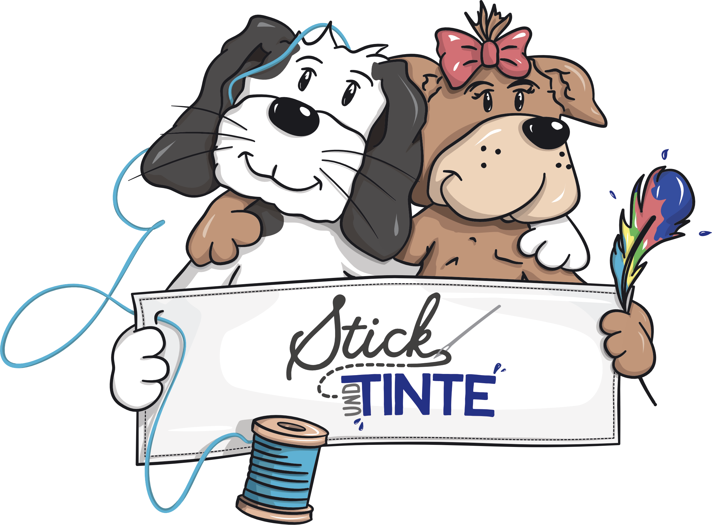 Illustration von zwei Hunden, die ein Banner mit dem Logo von "Stick und Tinte" (stickundtinte.de) halten. Links ein schwarz-weißer Hund mit langen Ohren, der fröhlich in die Kamera blickt und das Banner mit einer Pfote hält. Rechts ein brauner Hund mit rosa Schleife, der einen bunten Federpinsel in der Hand hält und die andere Seite des Banners festhält. Eine Garnrolle mit blauer Schnur befindet sich am unteren Rand des Banners.
