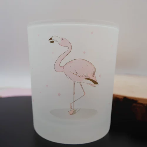 Teelichtglas mit Flamingo, Glas für Teelichter, Windlicht mit Flamingomotiv und Sternen